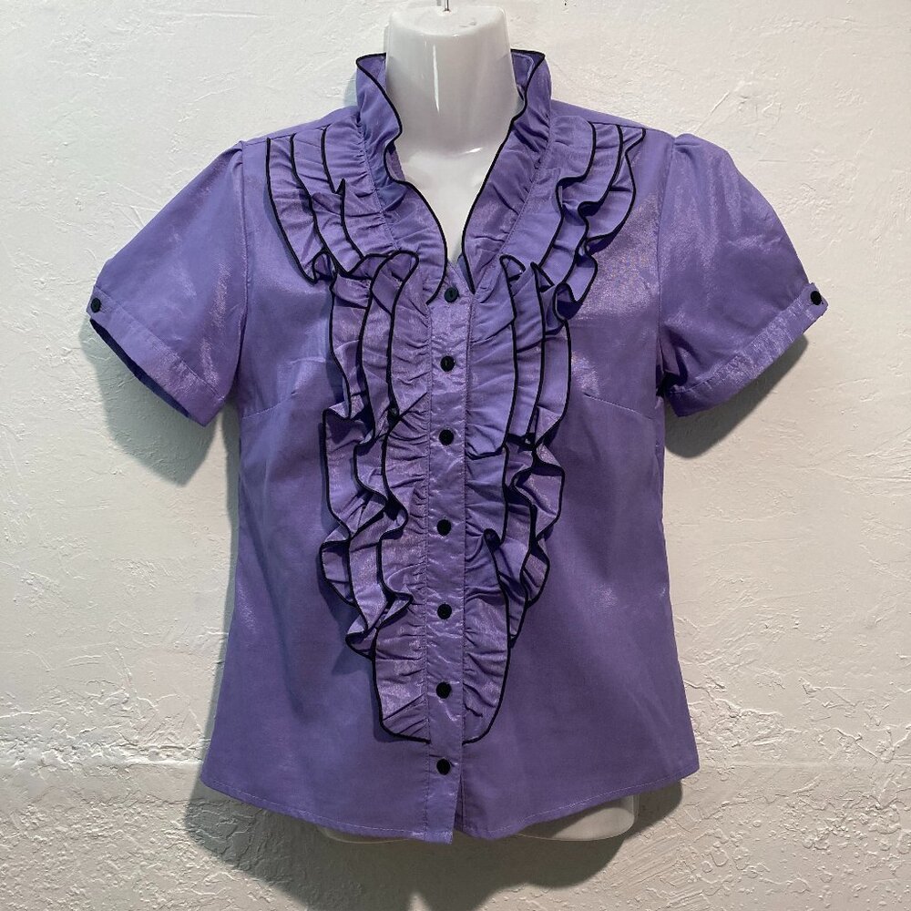 Vintage Engino Button Down Shirt Ruffles Short Sleeve Top Y2K Purple Shiny XXL